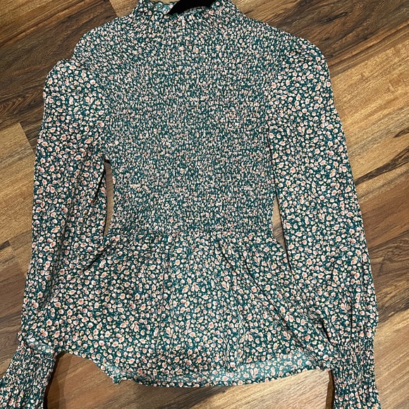 Angashion Tops - Elegant Floral Smocked Blouse in Green and Pink